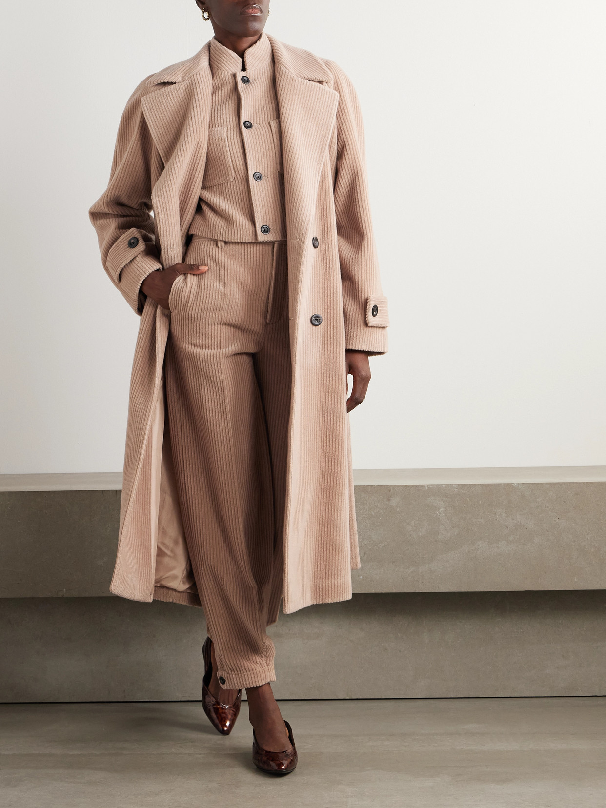 Loro Piana Double-breasted Belted Cashmere-corduroy Coat In Neutrals