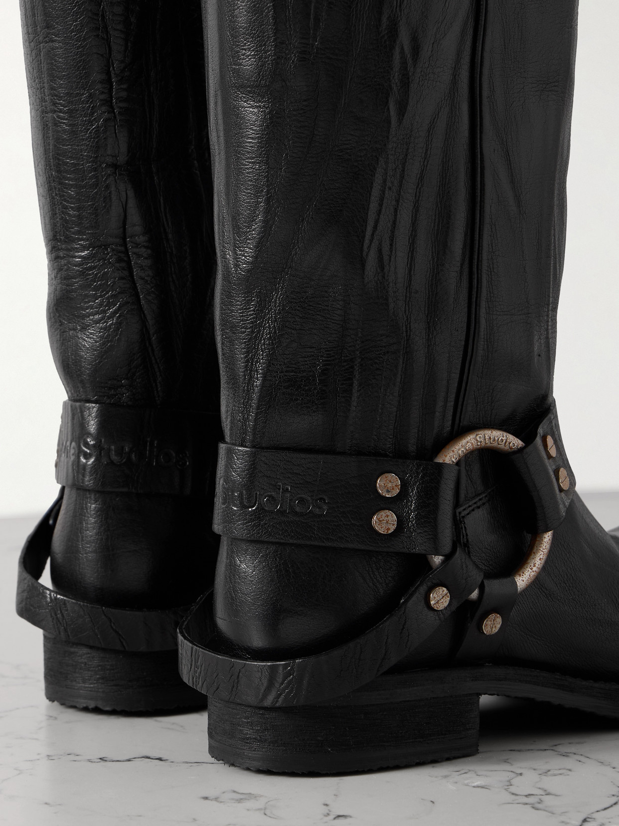 Acne Studios Embellished Crinkled-leather Knee Boots In Black