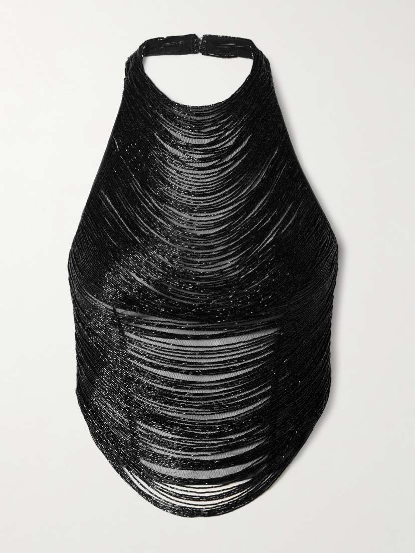 Mônot Florence Bead-embellished Tulle Halterneck Top