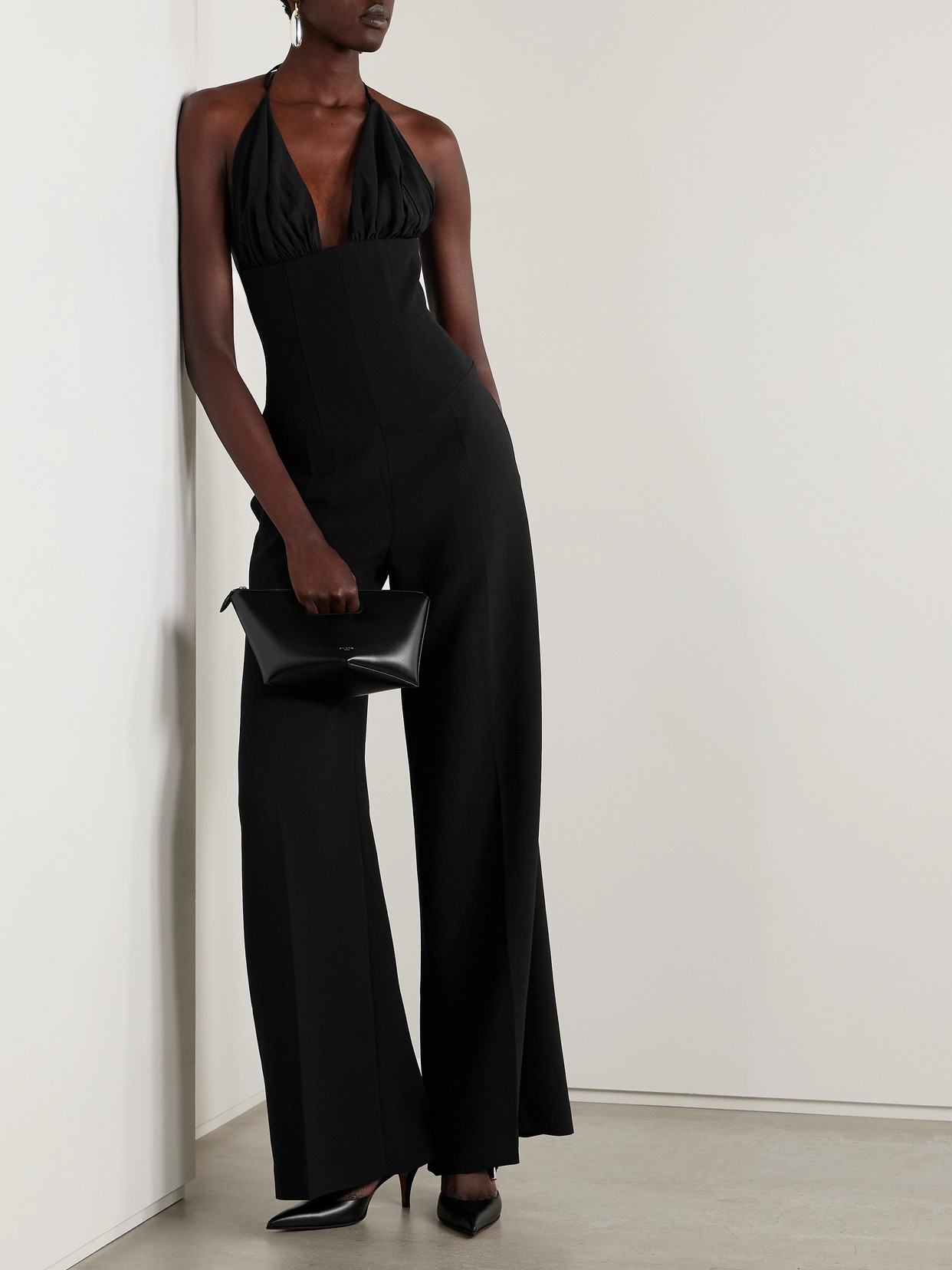 Monot Tulle-trimmed Crepe Halterneck Jumpsuit In Black