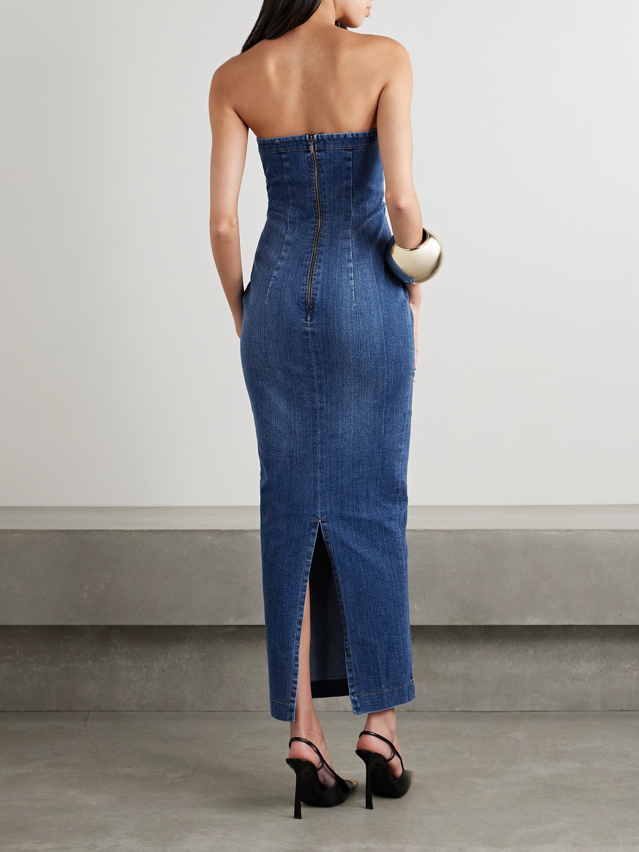 Monot Strapless Lace-up Denim Maxi Dress In Blue