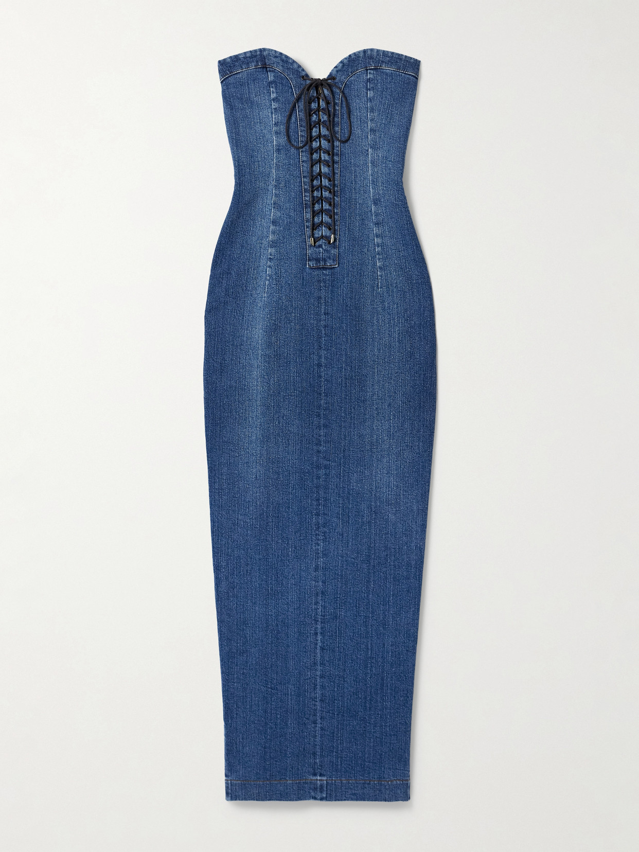 Mônot - Strapless Lace-up Denim Maxi Dress - Blue