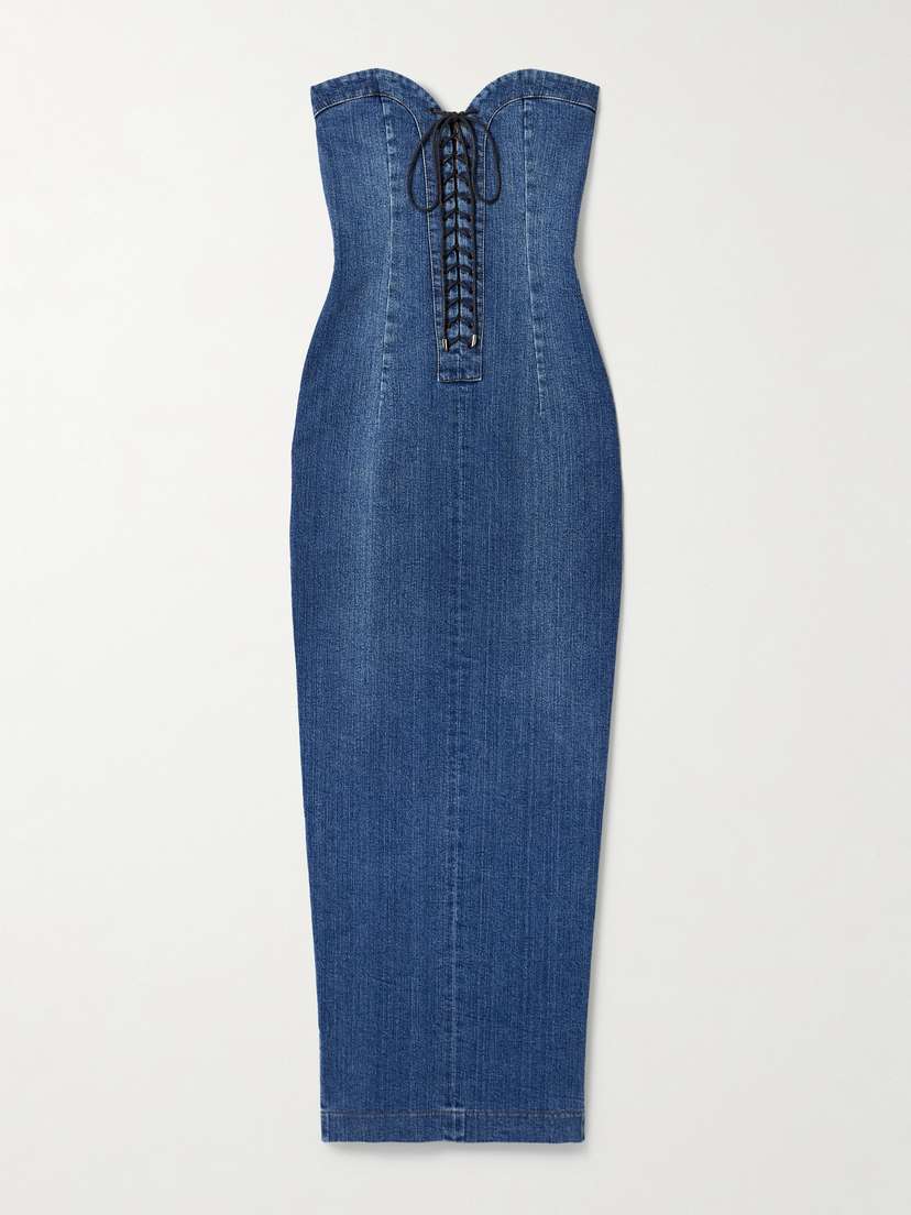 Mônot Strapless Lace-up Denim Maxi Dress