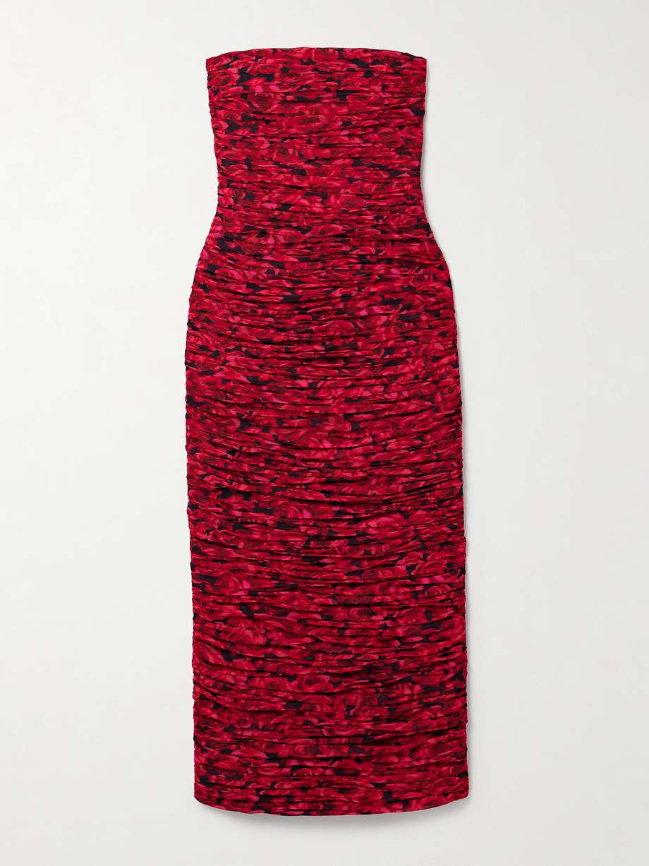 strapless ruched floral-print crepe midi dress