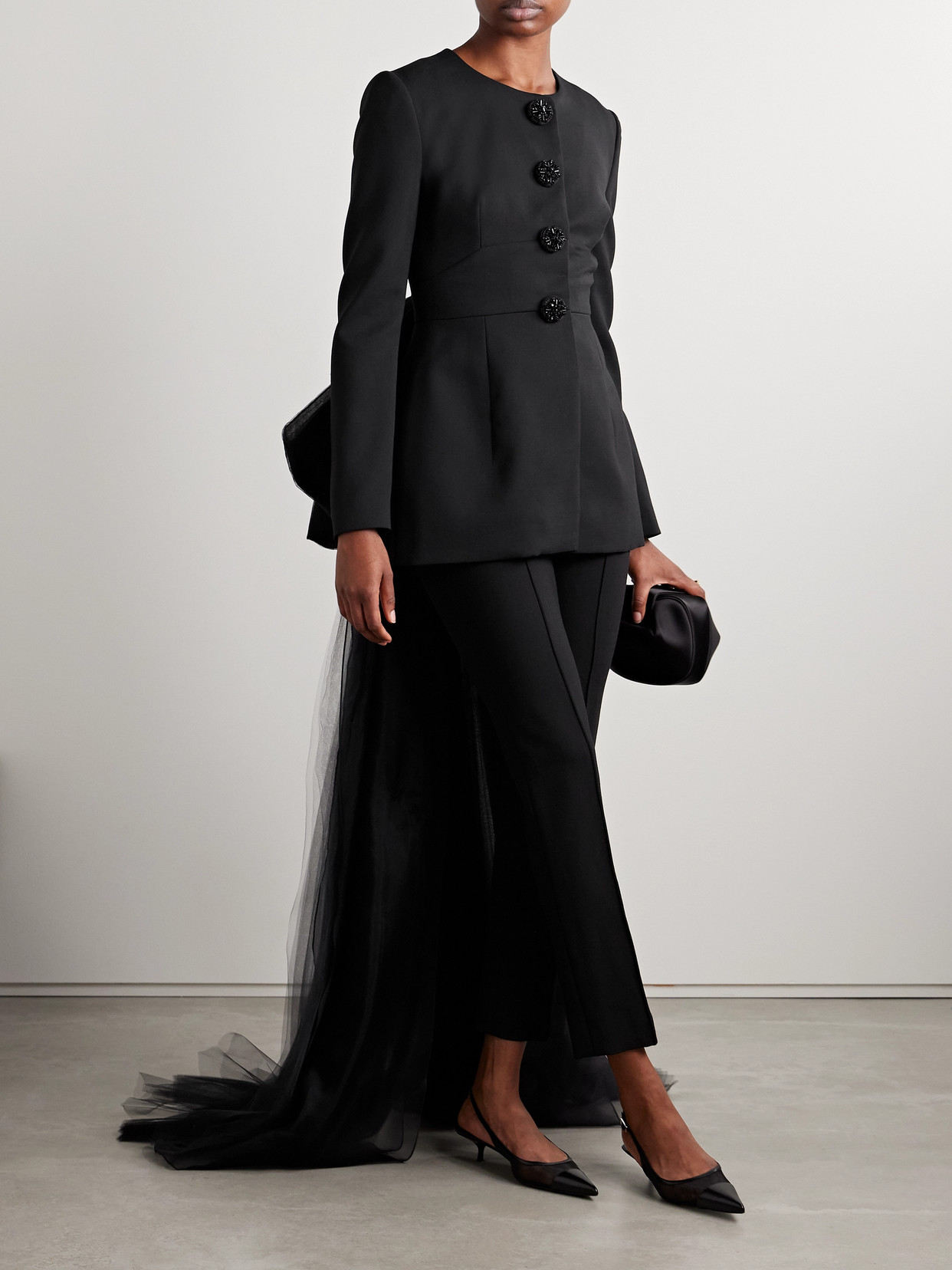 Carolina Herrera Cutout Embellished Tulle-trimmed Wool-blend Crepe Jacket In Black