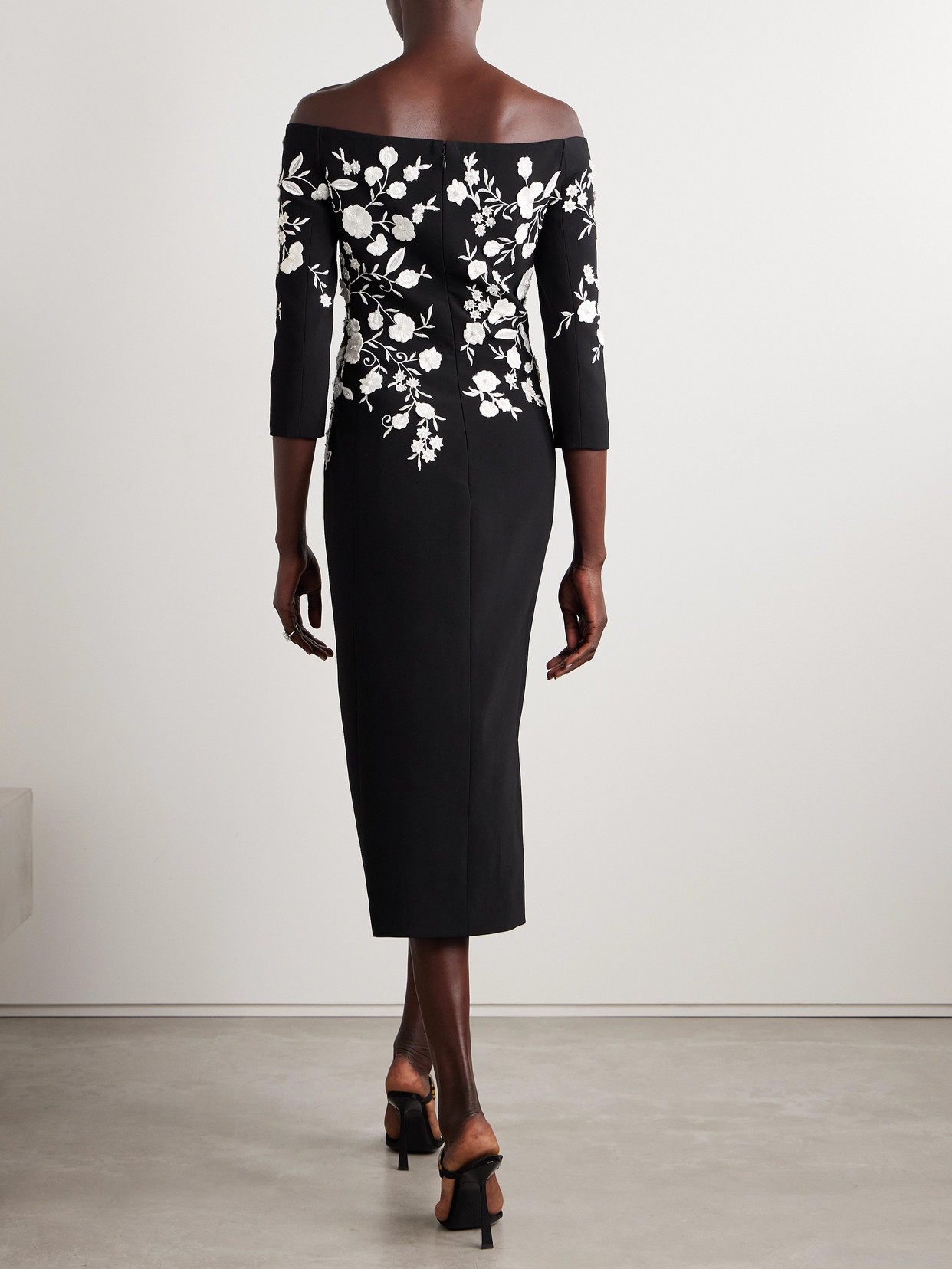 Carolina Herrera Floral-embroidered Midi Dress In Black