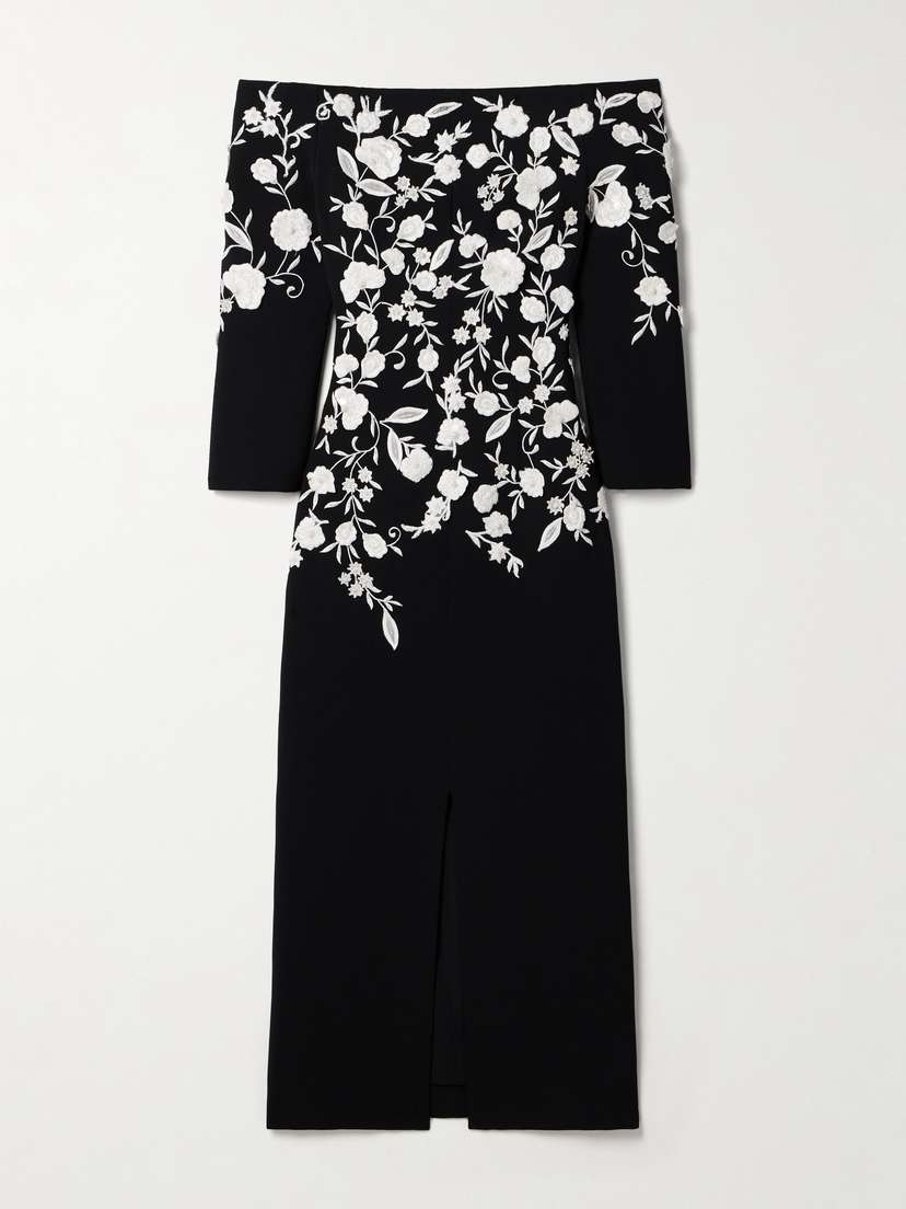 Carolina Herrera Off-the-shoulder Embroidered Embellished Crepe Gown