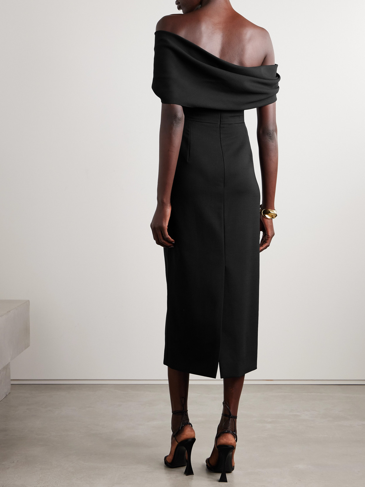 Carolina Herrera Off-the-shoulder Draped Wool-blend Crepe Midi Dress In Black