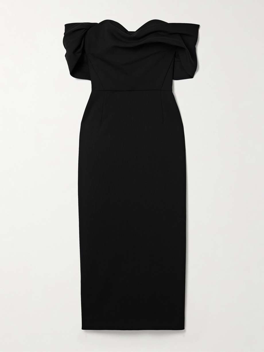 off-the-shoulder draped wool-blend crepe midi dress