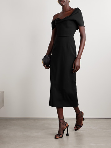 Carolina Herrera Off-the-shoulder draped wool-blend crepe midi dress