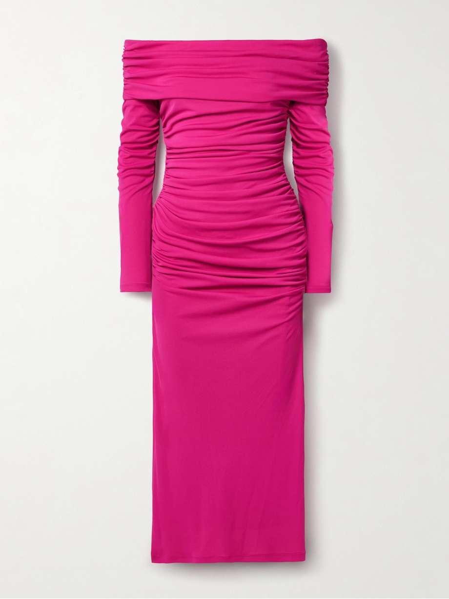 off-the-shoulder ruched stretch-jersey midi dress