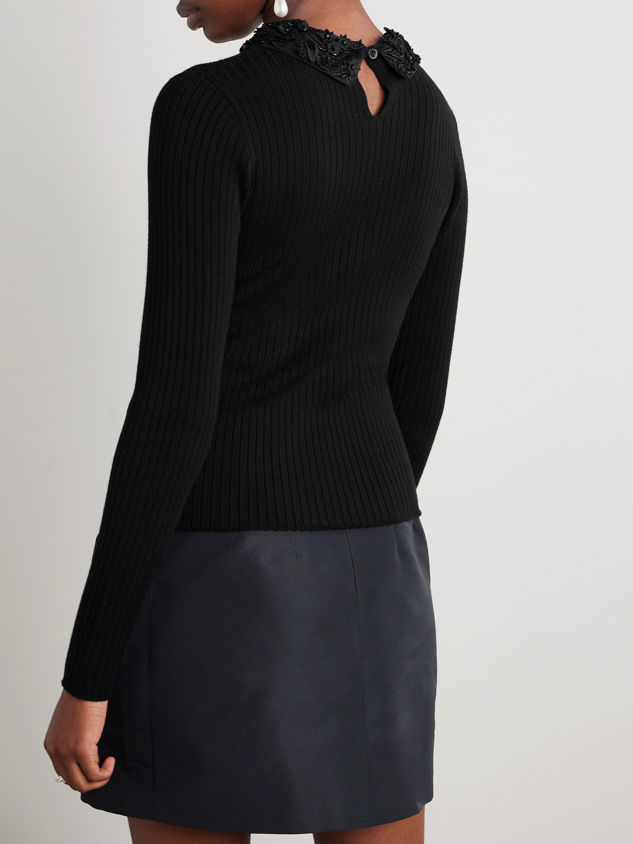 Convertible Embellished Crochet-Trimmed Sweater
