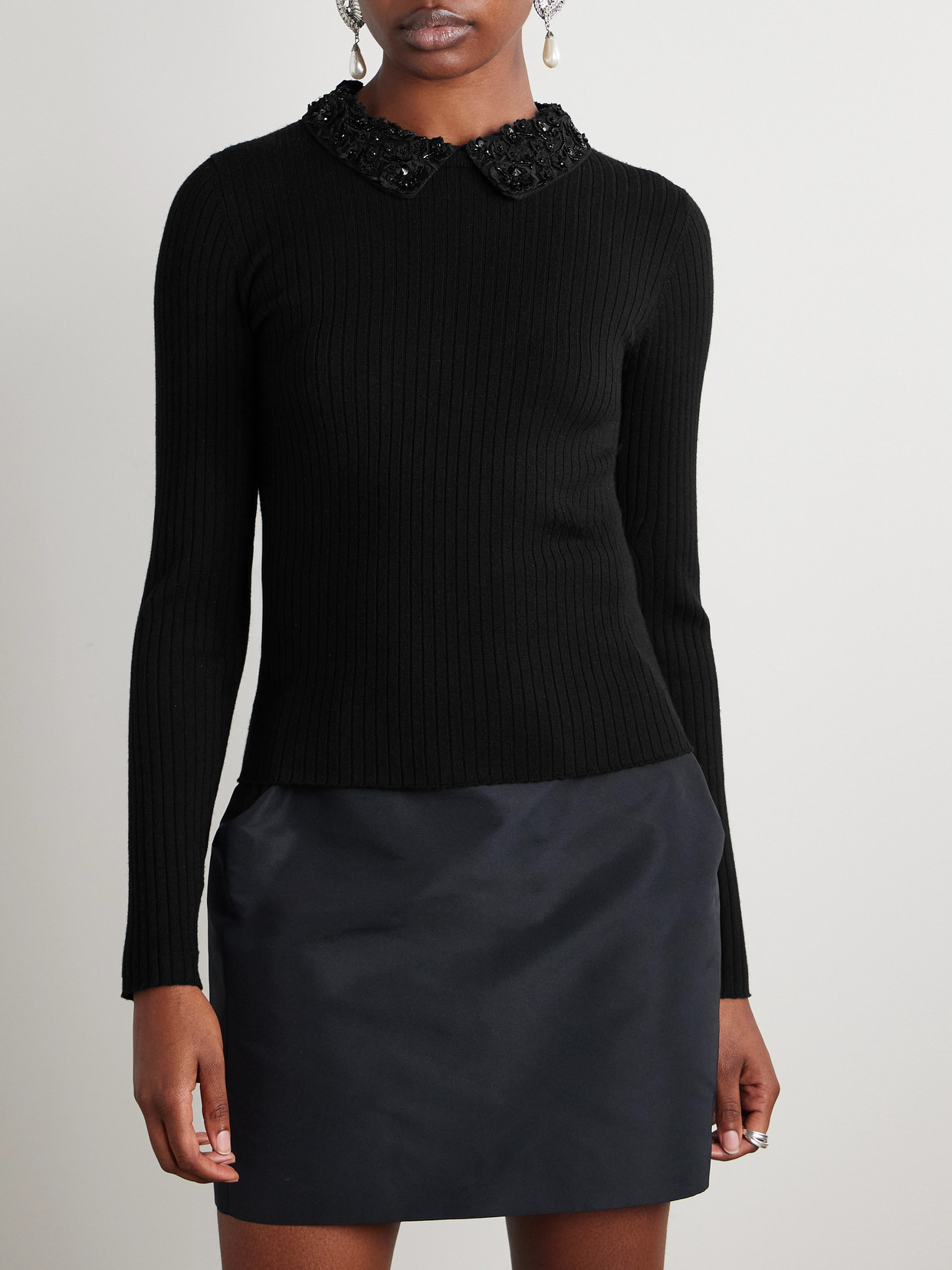 Convertible Embellished Crochet-Trimmed Sweater