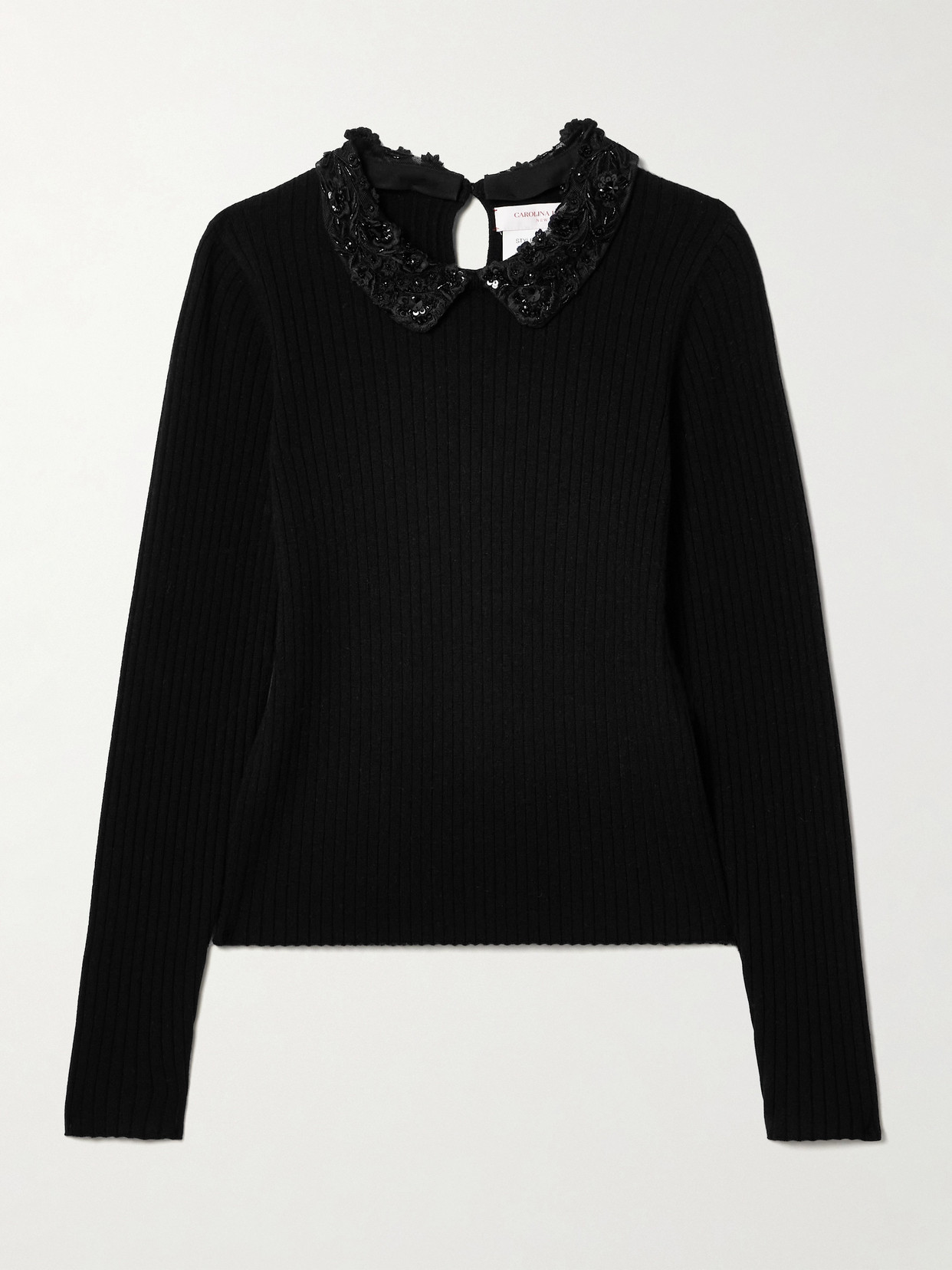 Carolina Herrera Removable Lace Collar Long-sleeve Rib Sweater In Black