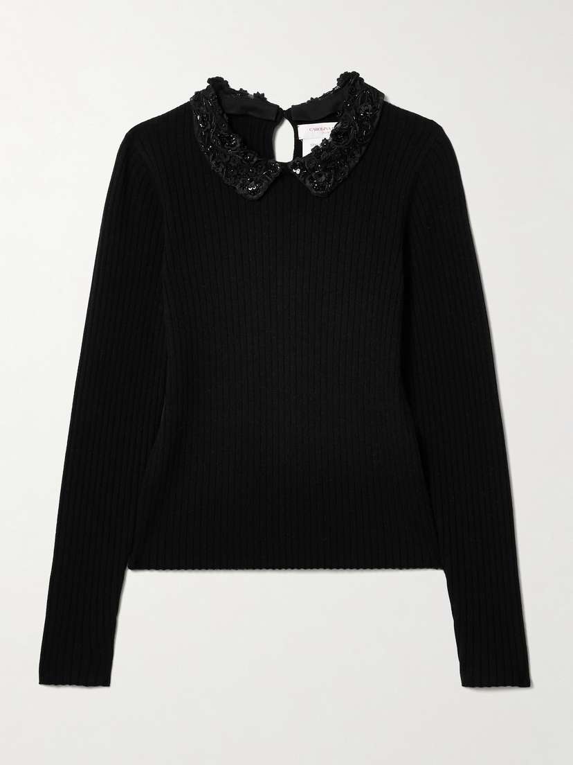 Carolina Herrera Convertible Embellished Crochet-trimmed Ribbed Wool Sweater