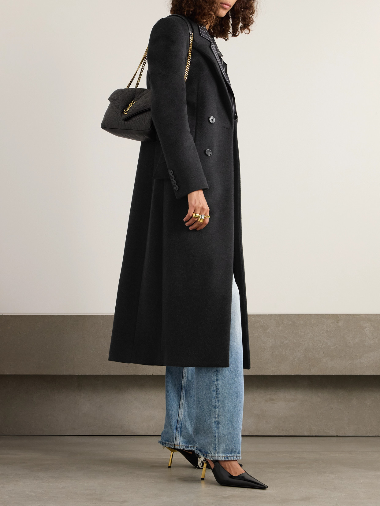 Saint Laurent Double-breasted Brushed Wool And Cashmere-blend Coat In Gray