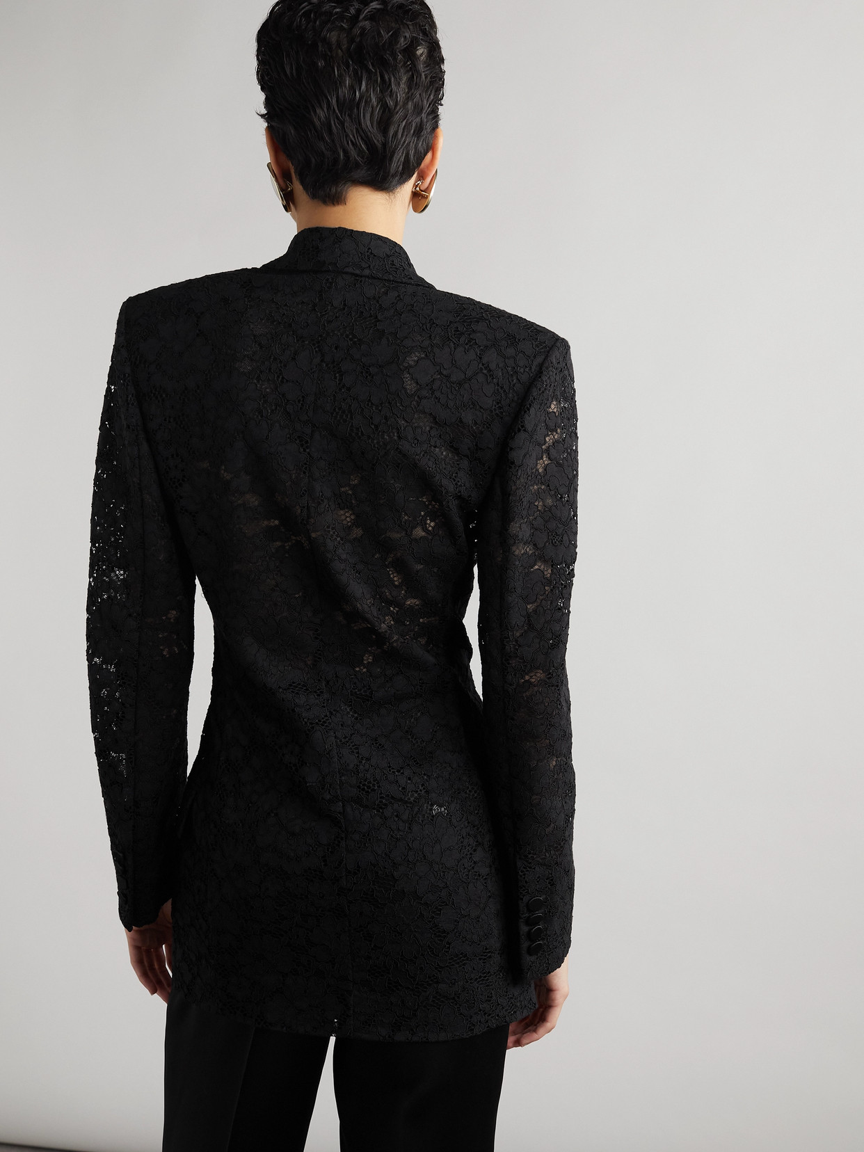 Saint Laurent Double-breasted Satin-trimmed Lace Blazer In Black