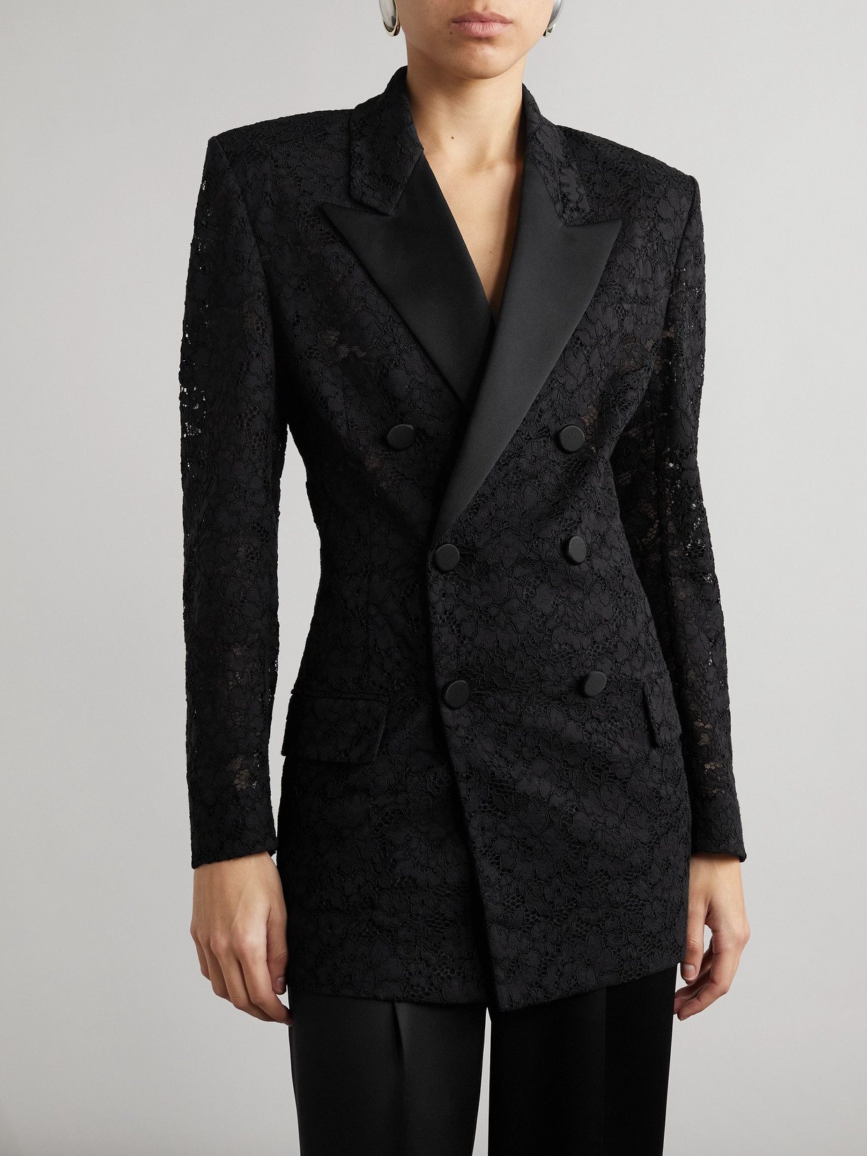 Saint Laurent Double-breasted Satin-trimmed Lace Blazer In Black