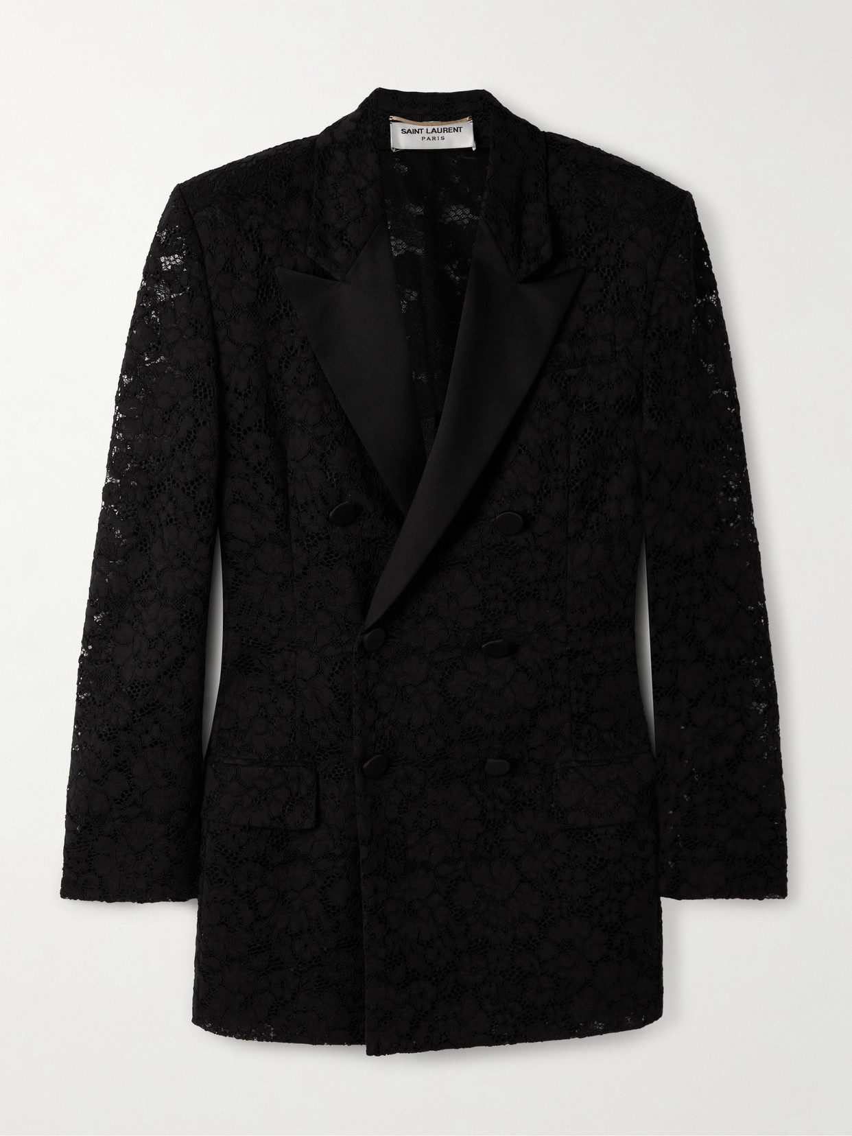 Saint Laurent Double-breasted Satin-trimmed Lace Blazer In Black