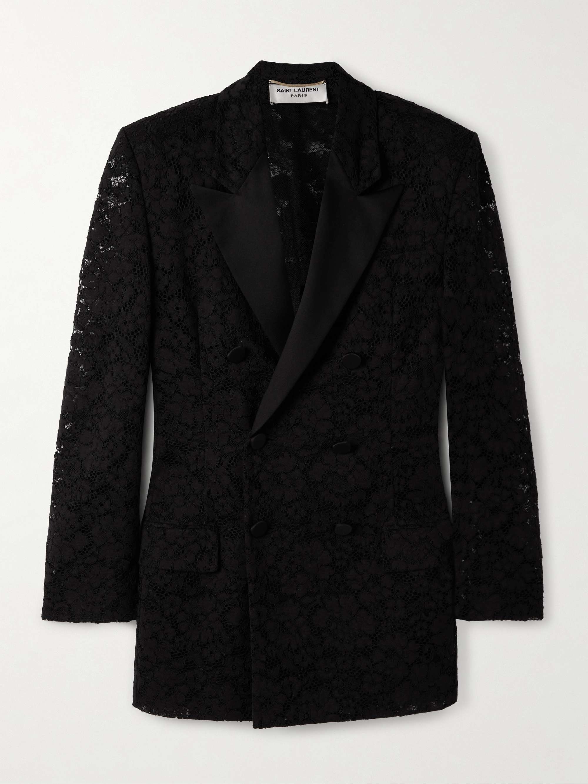 Doppelreihiger Blazer aus Spitze mit Satinbesatzen schwarz FR34