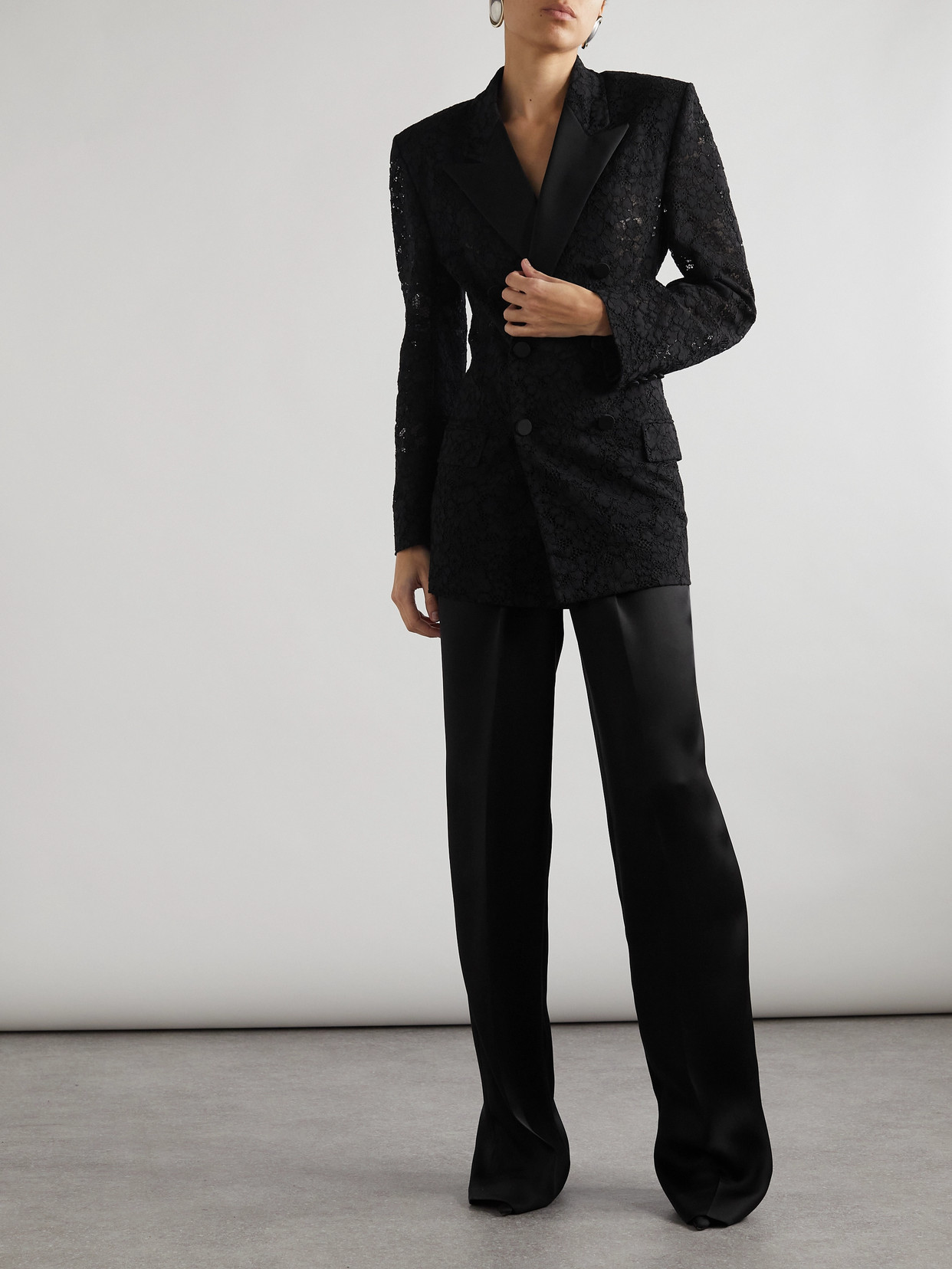 Saint Laurent Double-breasted Satin-trimmed Lace Blazer In Black