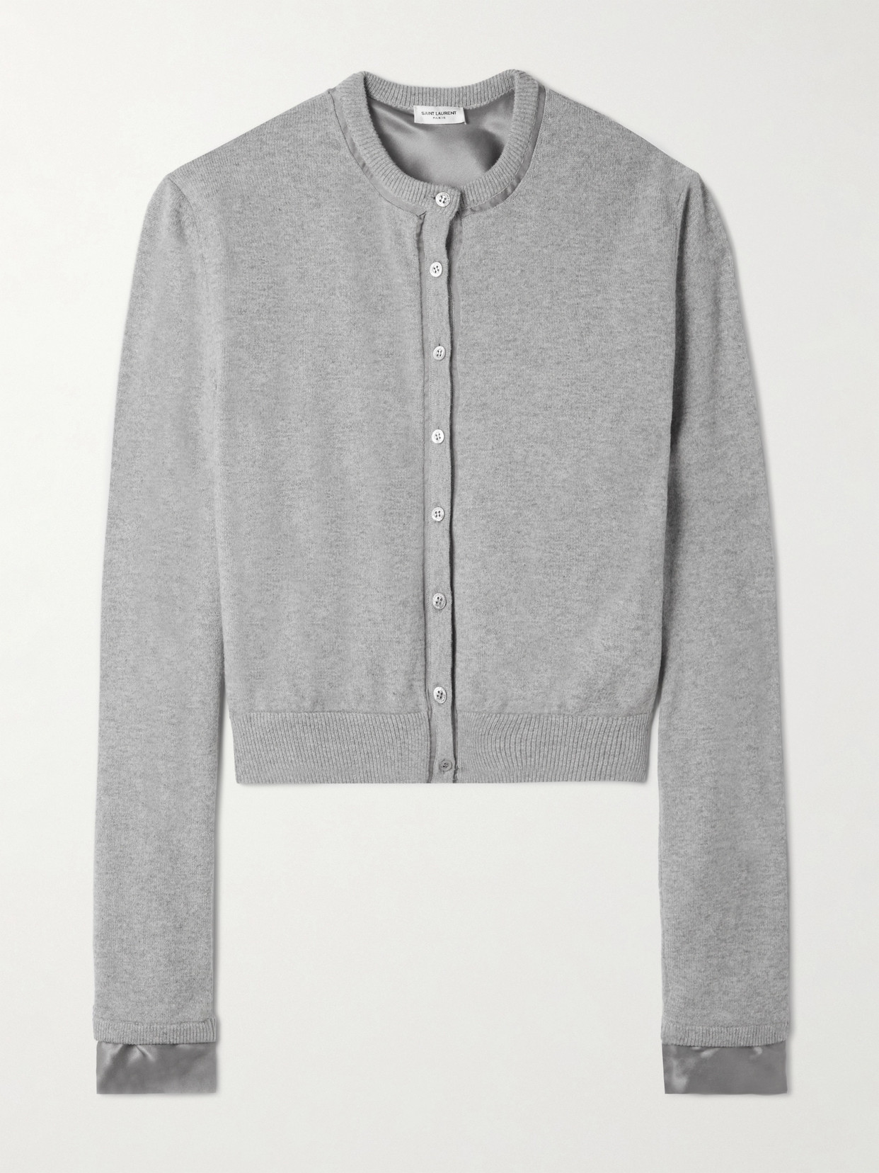 Saint Laurent Silk Satin-trimmed Wool Cardigan In Gray