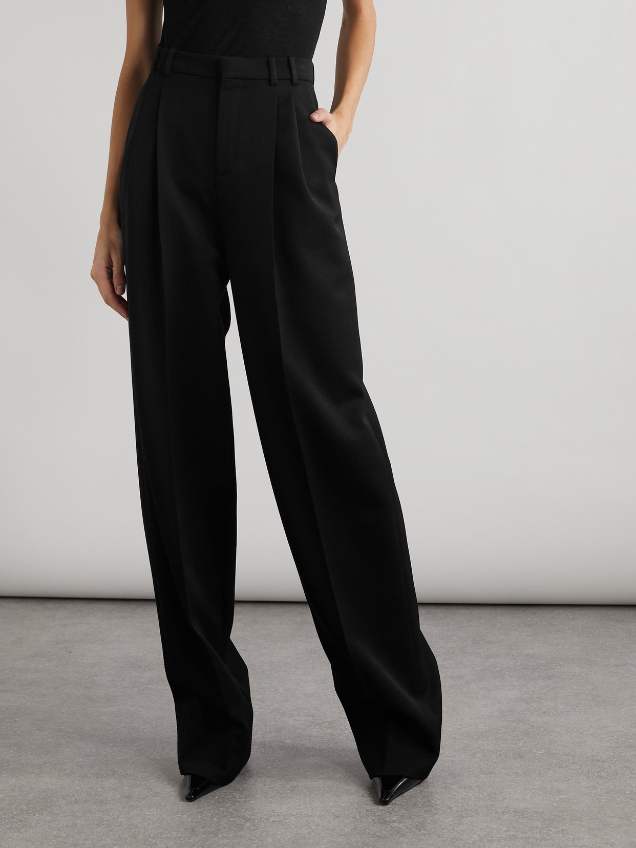 Saint Laurent Pleated Grain De Poudre Wool Straight-leg Pants In Black