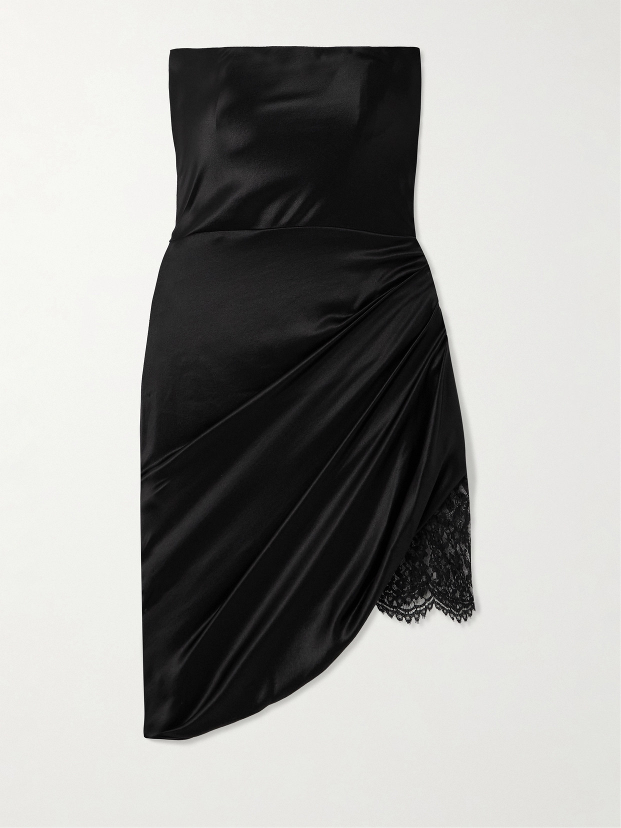 SAINT LAURENT STRAPLESS DRAPED LACE-TRIMMED SILK-SATIN MINI DRESS