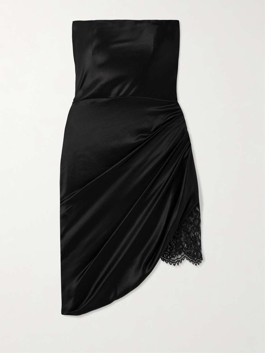 strapless draped lace-trimmed silk-satin mini dress
