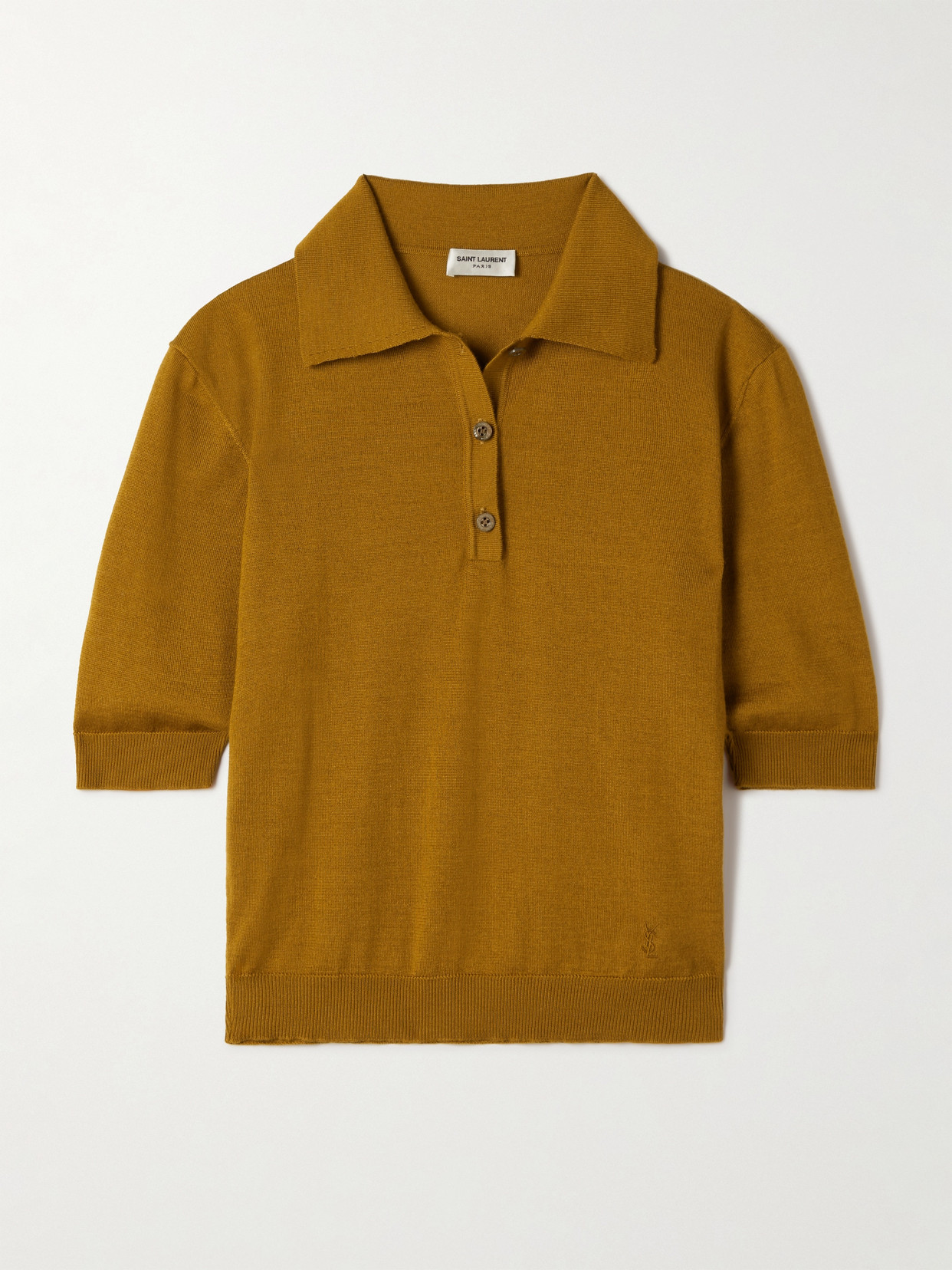 Saint Laurent Embroidered Wool, Cashmere And Silk-blend Polo Shirt In Mordore