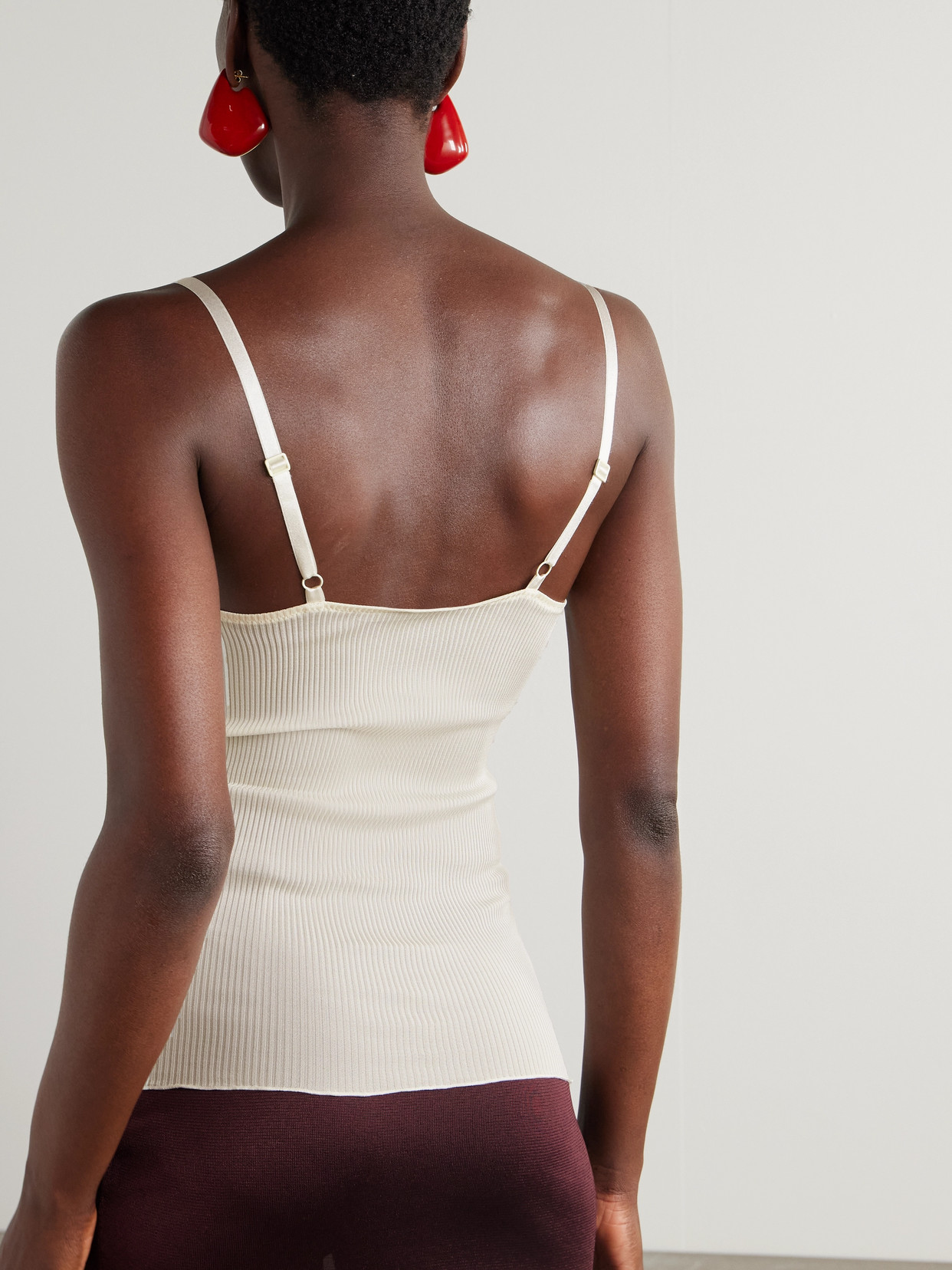 Saint Laurent Lace-trimmed Ribbed Silk-jersey Tank Top In Neutrals