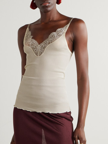 Saint Laurent Lace-trimmed ribbed silk-jersey tank top