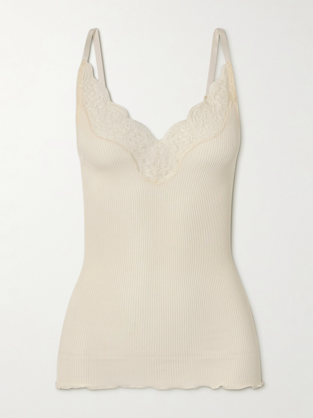 Saint Laurent Lace-trimmed Ribbed Silk-jersey Tank Top In Neutrals