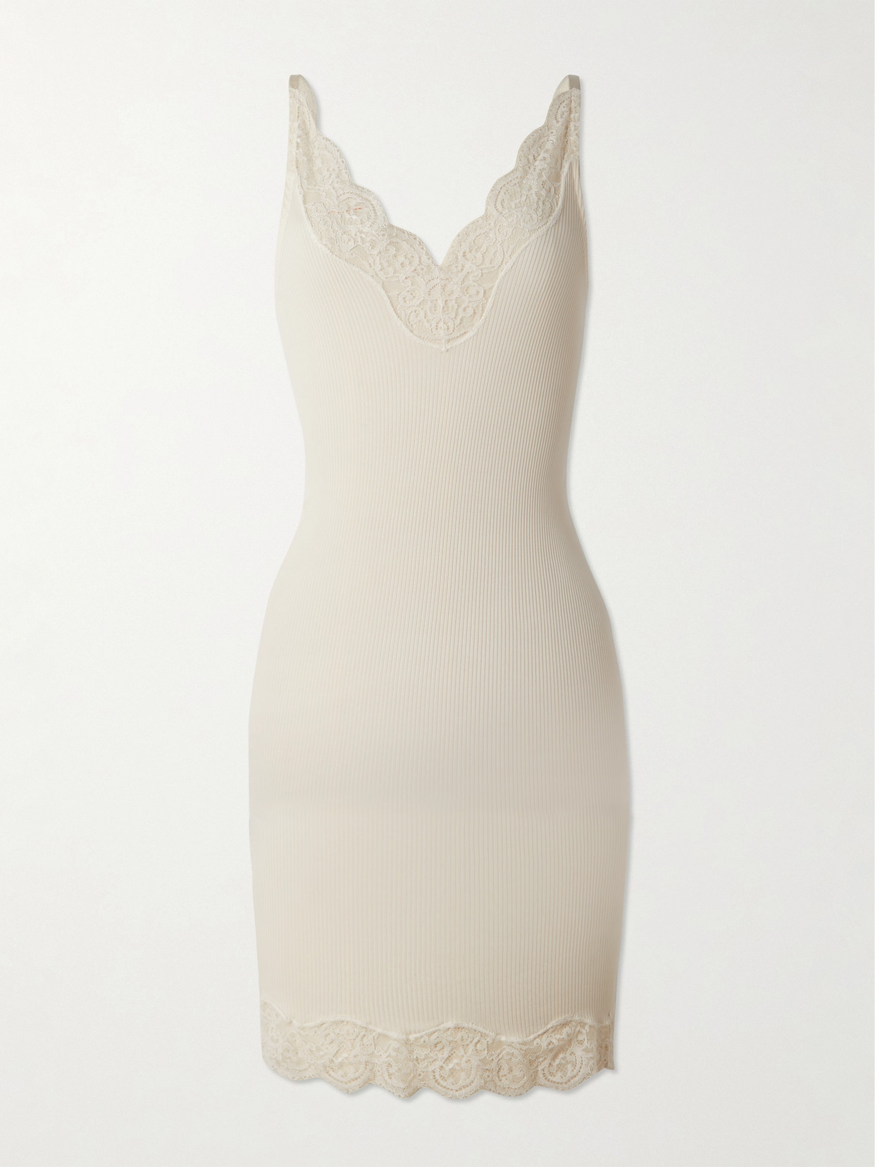Saint Laurent Lace-trimmed Ribbed Silk-jersey Mini Dress In Neutrals