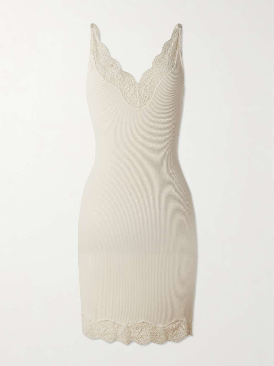lace-trimmed ribbed silk-jersey mini dress