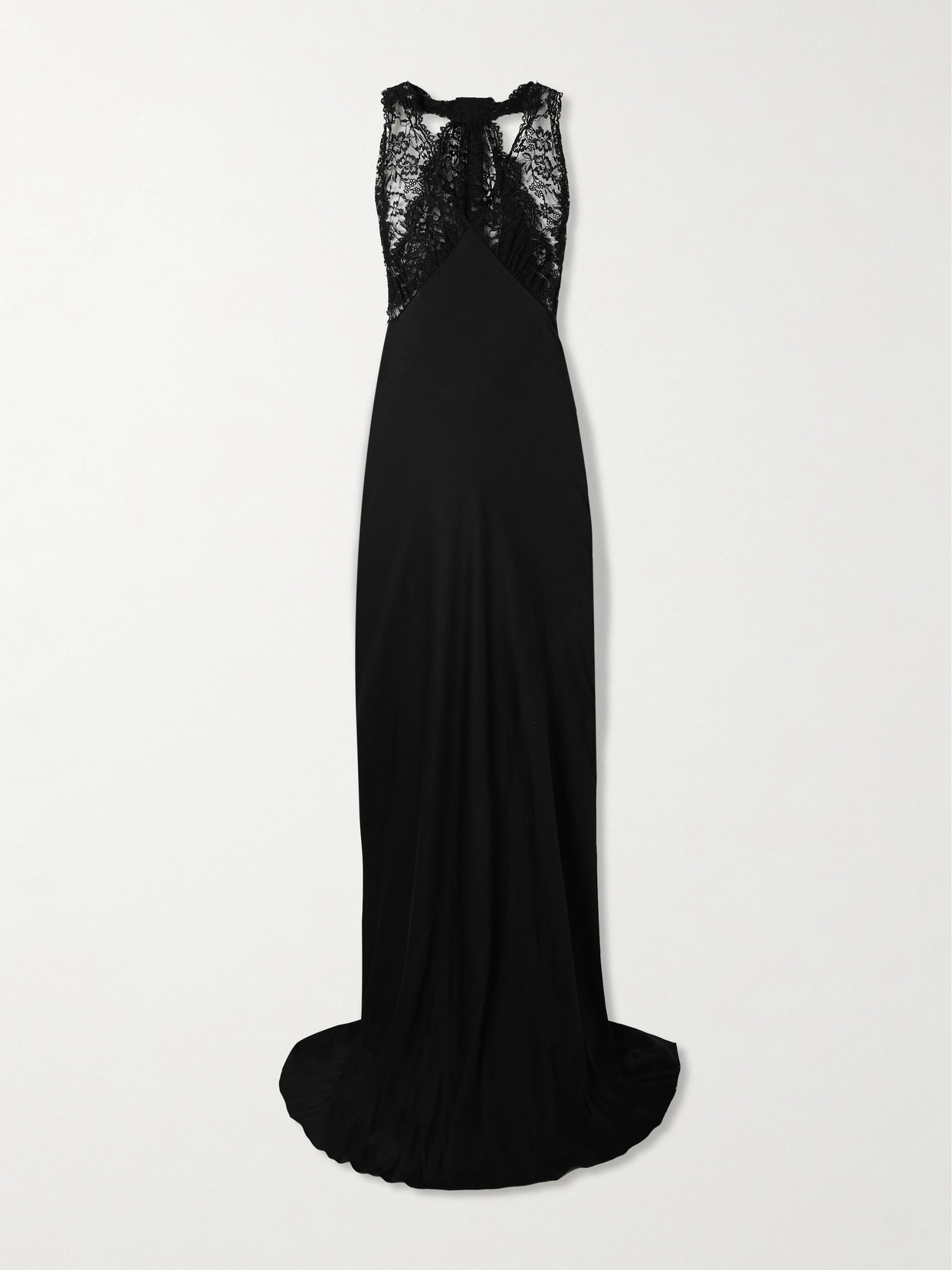 Saint Laurent Lace-trimmed Silk-charmeuse Halterneck Gown In Black