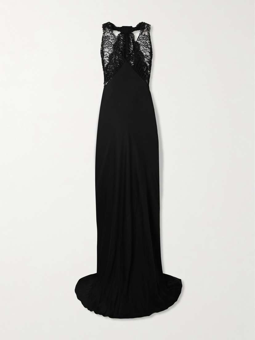 Saint Laurent Lace-trimmed Silk-charmeuse Halterneck Gown