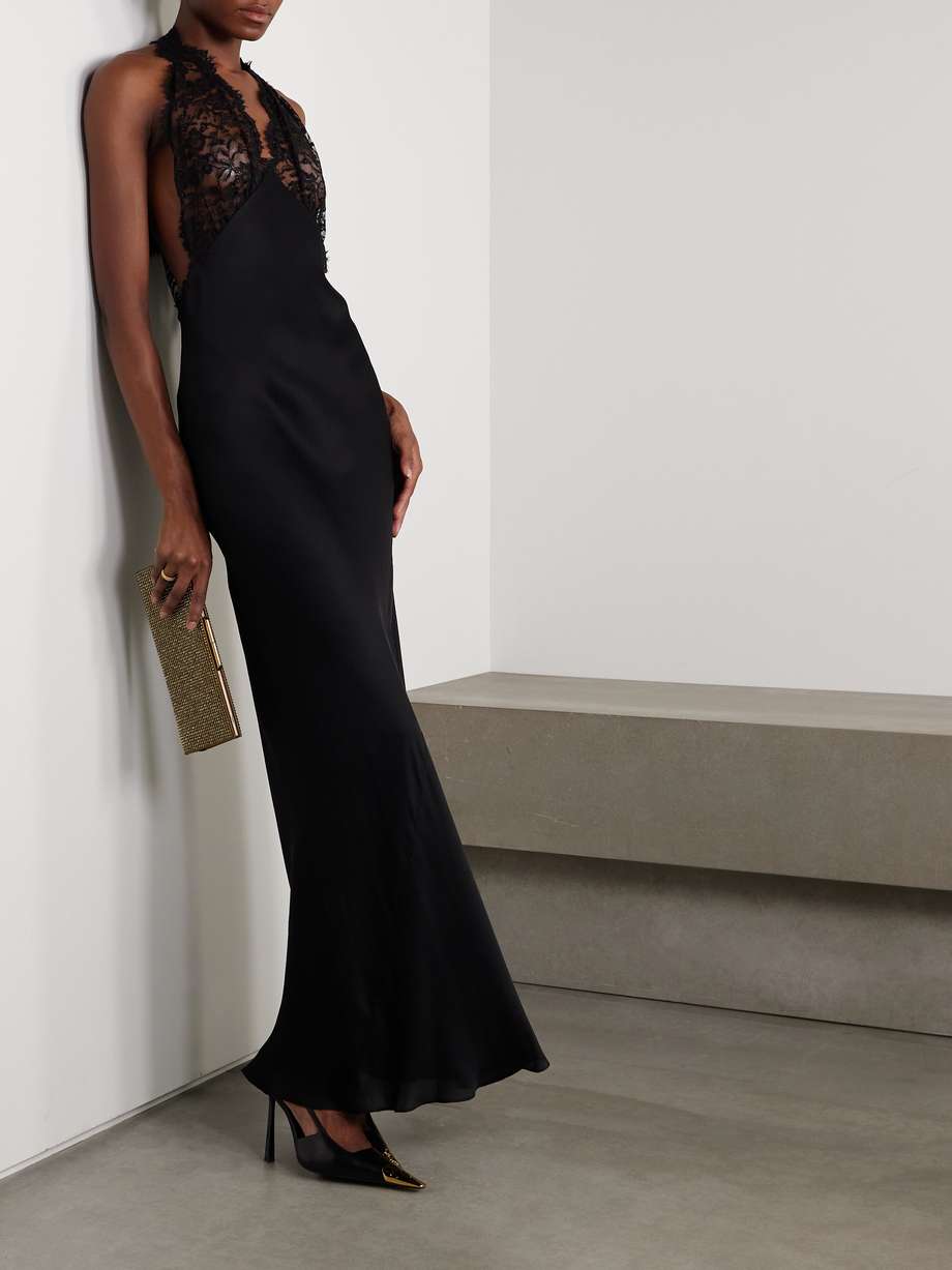 lace-trimmed silk-charmeuse halterneck gown