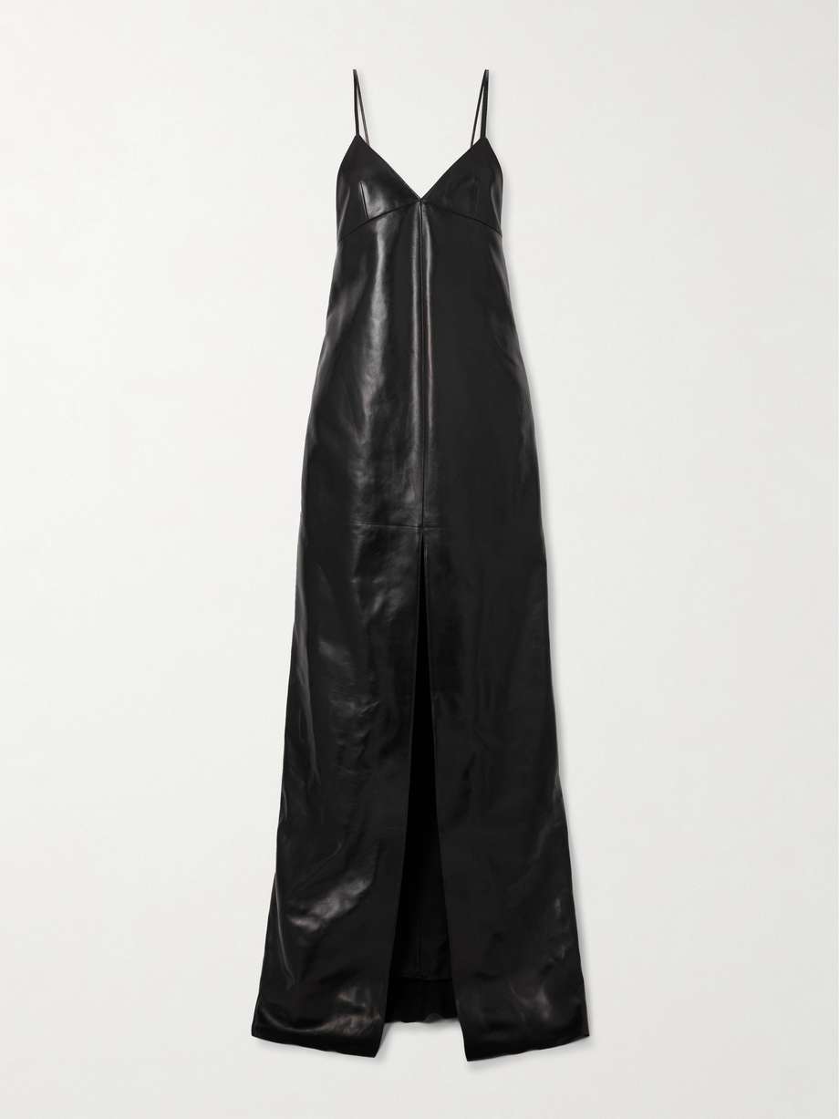 paneled leather gown