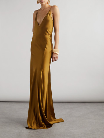 Saint Laurent Open-back paneled silk-satin gown