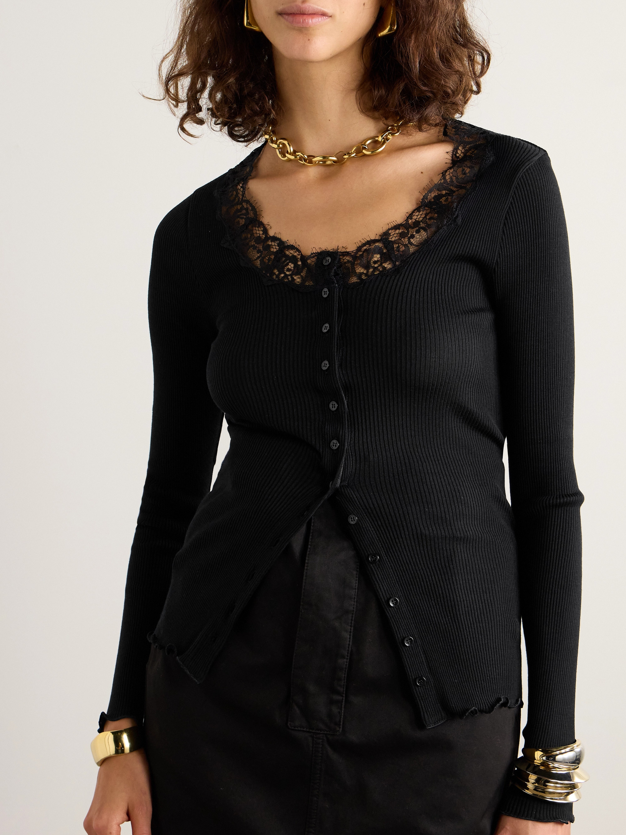 Saint Laurent - Scalloped lace-trimmed ribbed wool and silk-blend