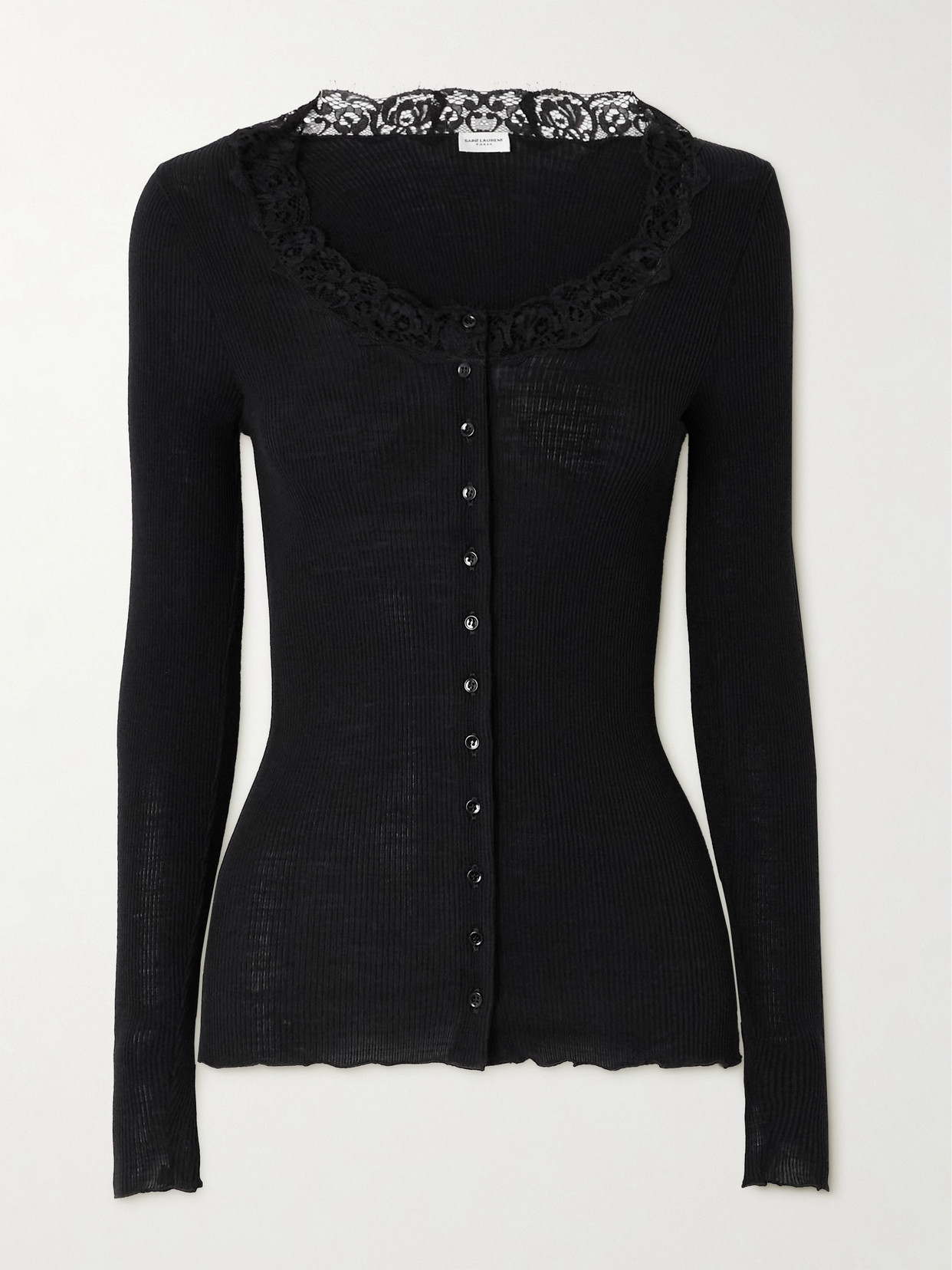 Saint Laurent Scalloped Lace-trimmed Ribbed Wool And Silk-blend Cardigan In Black