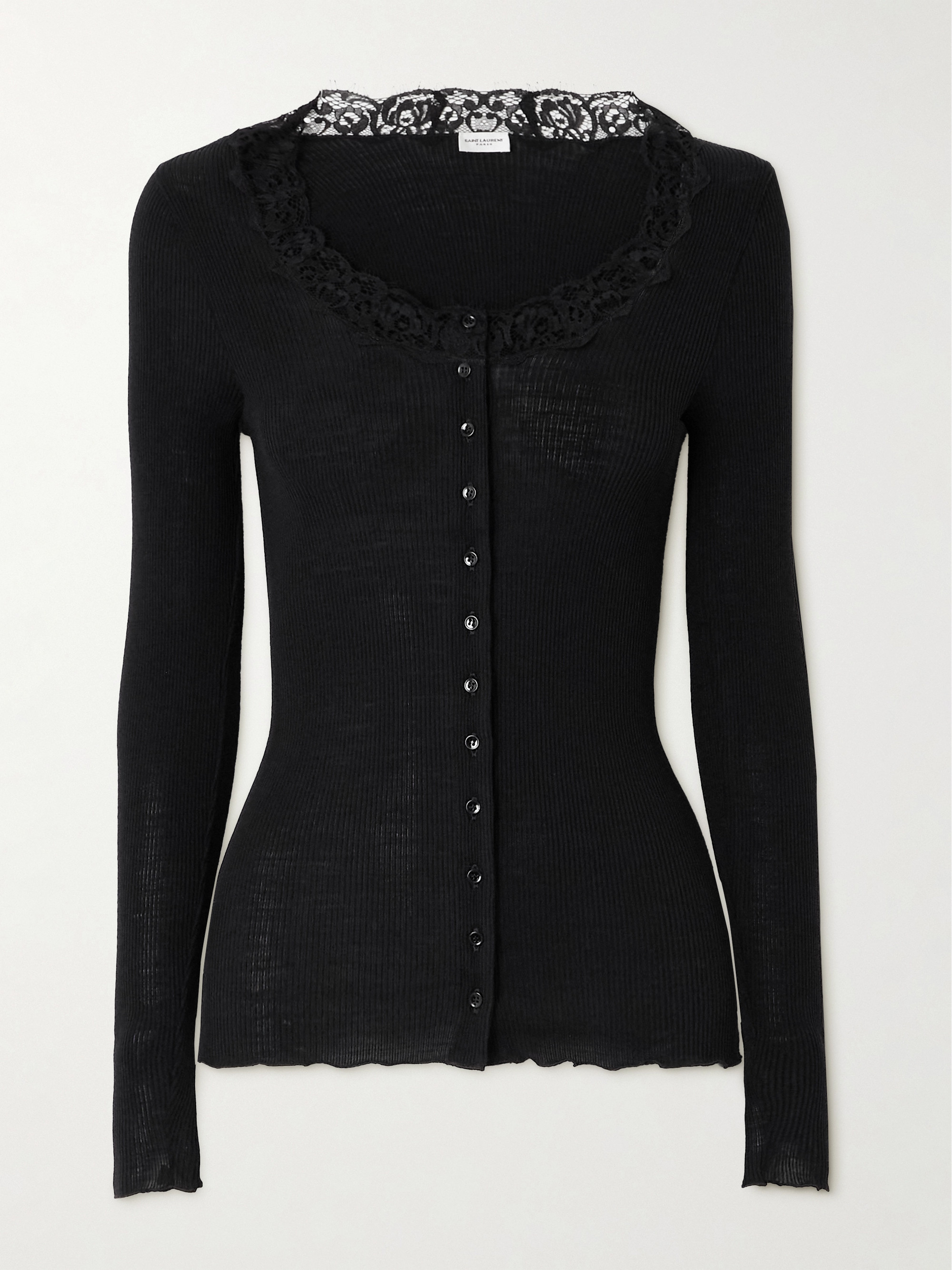 Saint Laurent - Scalloped lace-trimmed ribbed wool and silk-blend