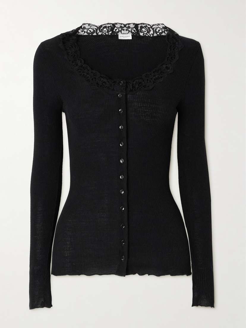 Saint Laurent calloped Lace-trimmed Ribbed Wool And ilk-blend Cardigan
