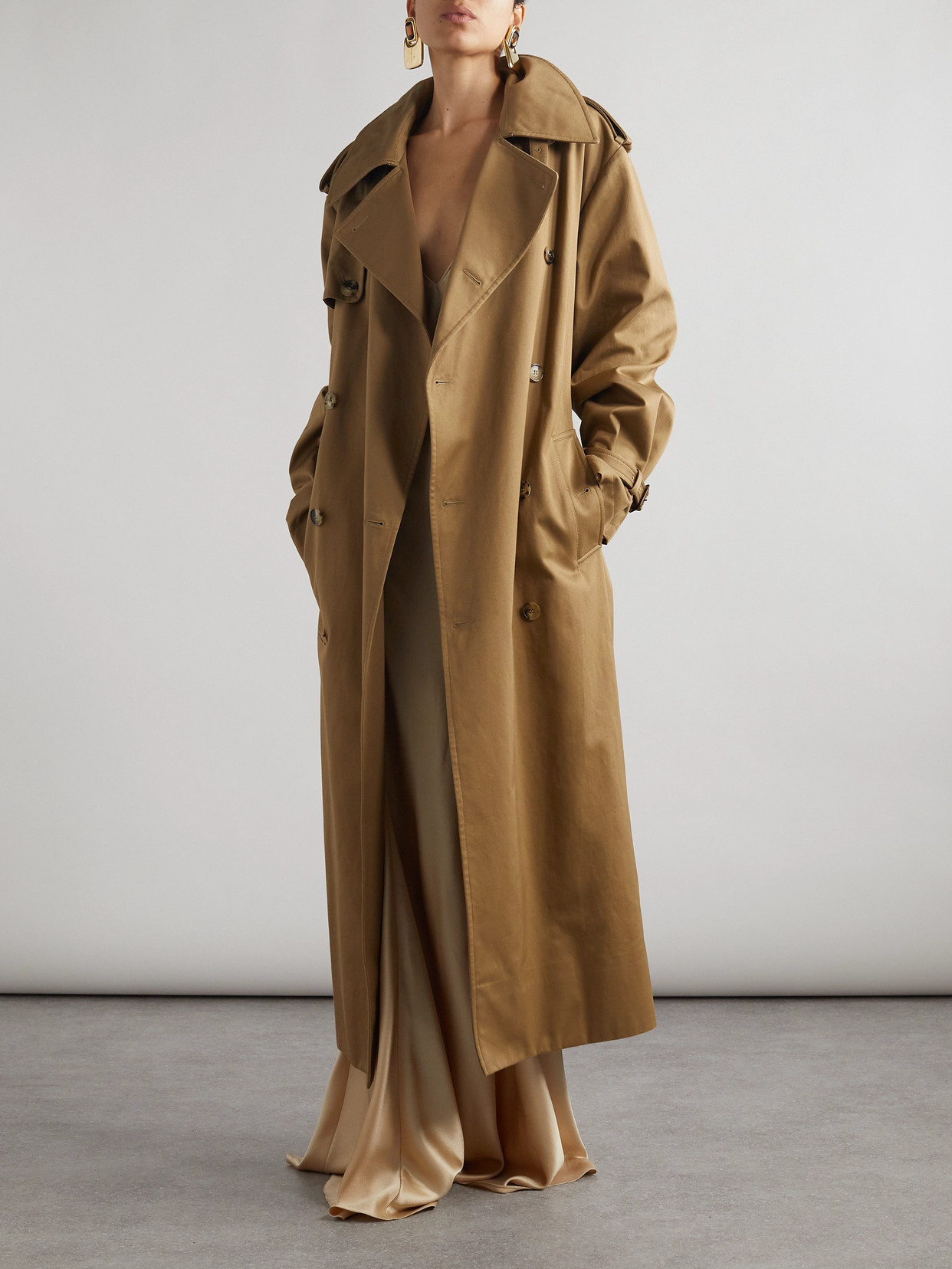Saint Laurent Oversized Belted Cotton-twill Trench Coat In Neutrals