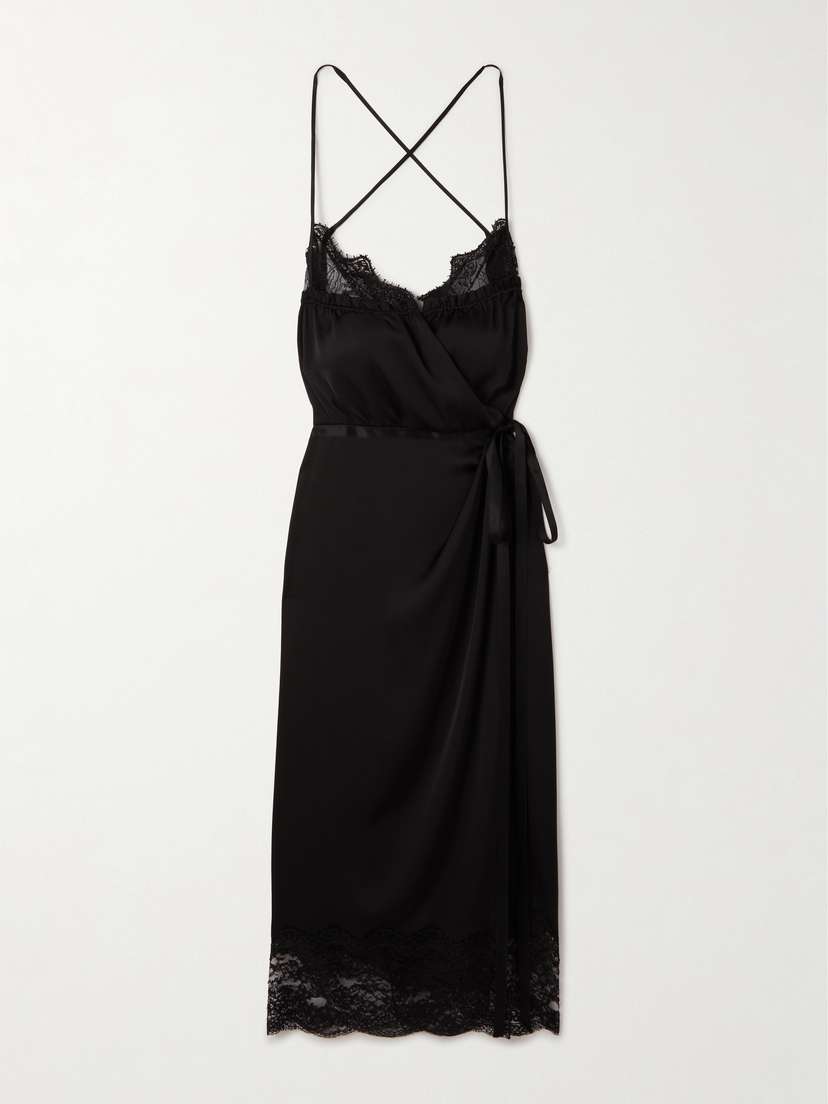 Saint Laurent Wrap-effect Belted Lace-trimmed Silk-satin Midi Dress