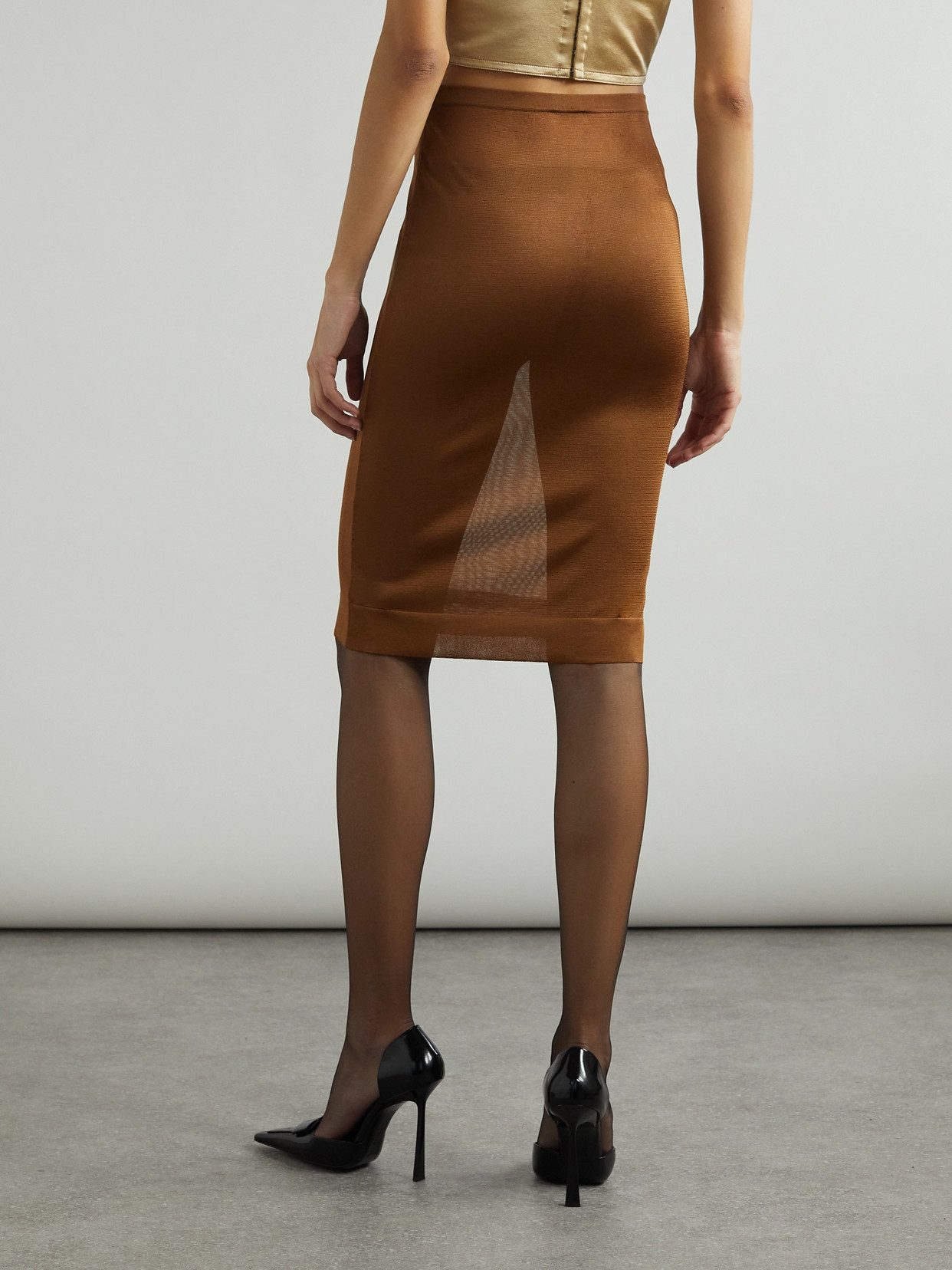 Saint Laurent Satin-jersey Midi Skirt In Brown