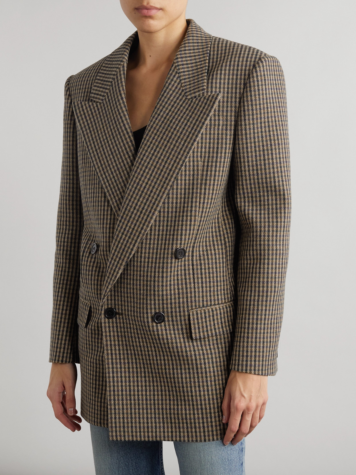 Saint Laurent Double-breasted Checked Wool-blend Blazer In Neutrals