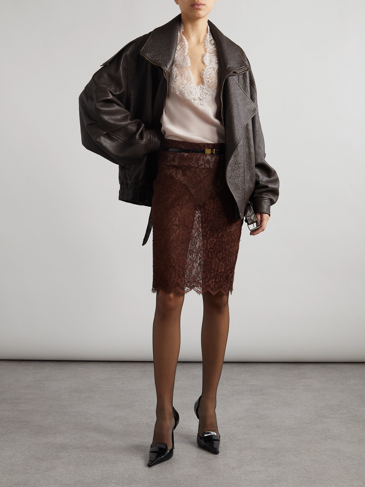 Saint Laurent Lace Midi Skirt In Gray