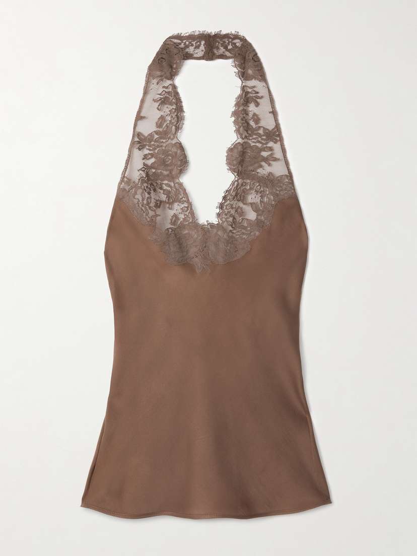 Saint Laurent Lace-trimmed Silk Halterneck Tank